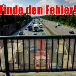 Autobahnbrücke mit Rettungsgasse-Banner - „Finde den Fehler“